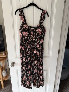 Black Floral Midi Dress with Pink Rose Print